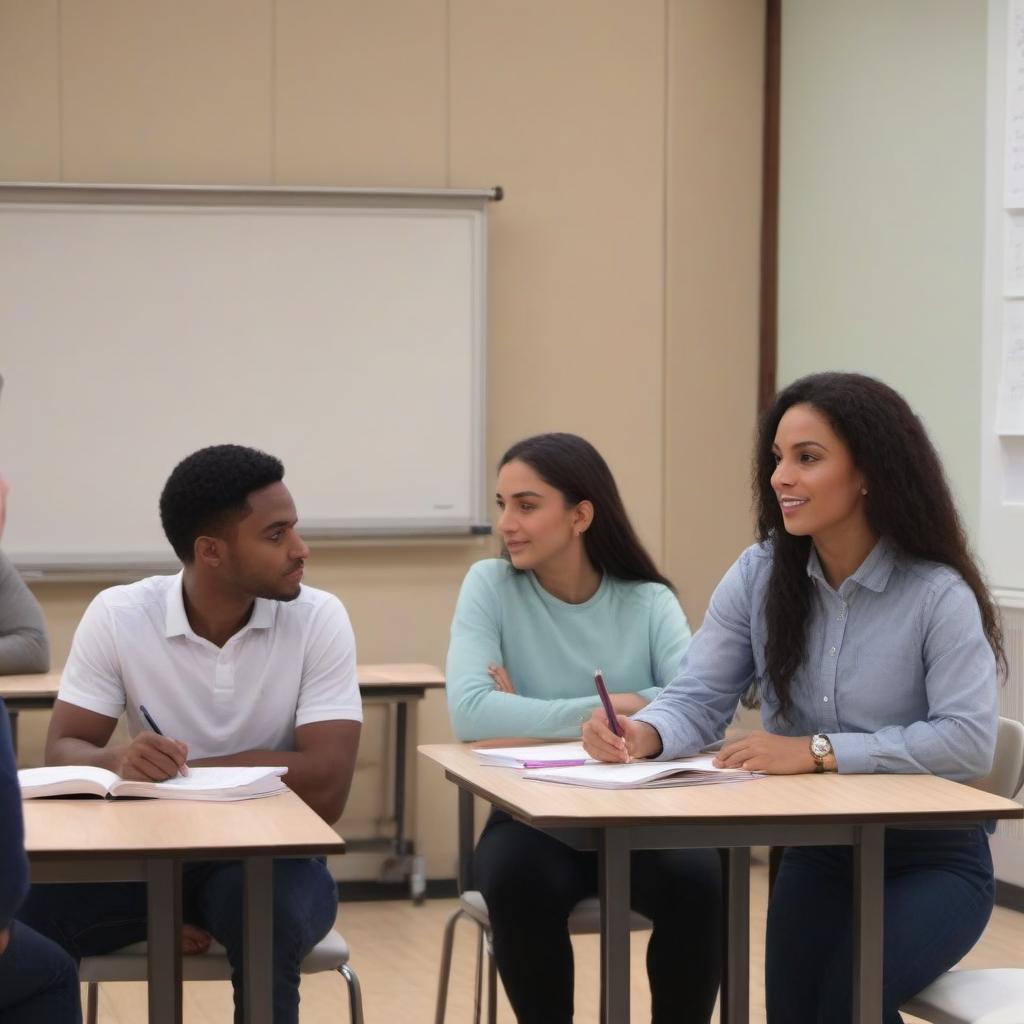  Students in the lesson sit at the table listen to the speaker who gives a lecture