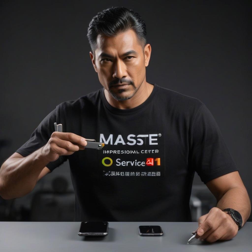  Mobile device repair. Free diagnosis, warranty, original parts. Black background, cool master, master's hands, colorful picture, number one service center. Only top brands from around the world. The master points to the left and the most famous character himself recommends us. "Service Center #1" is written on the t shirt. [TranslatetoEnglish](＃1)迷你汽機修理. 免費診斷,保證,定作部件。黑色背影,美麗的現代人,手人圖,顏艺ablyArt:impression,世界級服務中心. hyperrealistic, full body, detailed clothing, highly detailed, cinematic lighting, stunningly beautiful, intricate, sharp focus, f/1. 8, 85mm, (centered image composition), (professionally color graded), ((bright soft diffused light)), volumetric fog, trending on instagram, trending on tumblr, HDR 4K, 8K