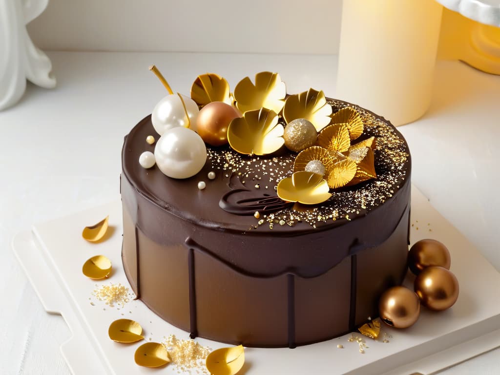  An image of a decadent chocolate cake covered in shimmering gold leaf flakes, surrounded by delicate sugar pearls meticulously placed on its surface. The cake sits on a sleek, minimalist white platter, emphasizing the luxurious and elegant nature of using gold decorations in desserts. The play of light on the gold leaf and the intricate detailing of the sugar pearls create a visually stunning and mouthwatering centerpiece for any dessert table. hyperrealistic, full body, detailed clothing, highly detailed, cinematic lighting, stunningly beautiful, intricate, sharp focus, f/1. 8, 85mm, (centered image composition), (professionally color graded), ((bright soft diffused light)), volumetric fog, trending on instagram, trending on tumblr, HDR 4K, 8K