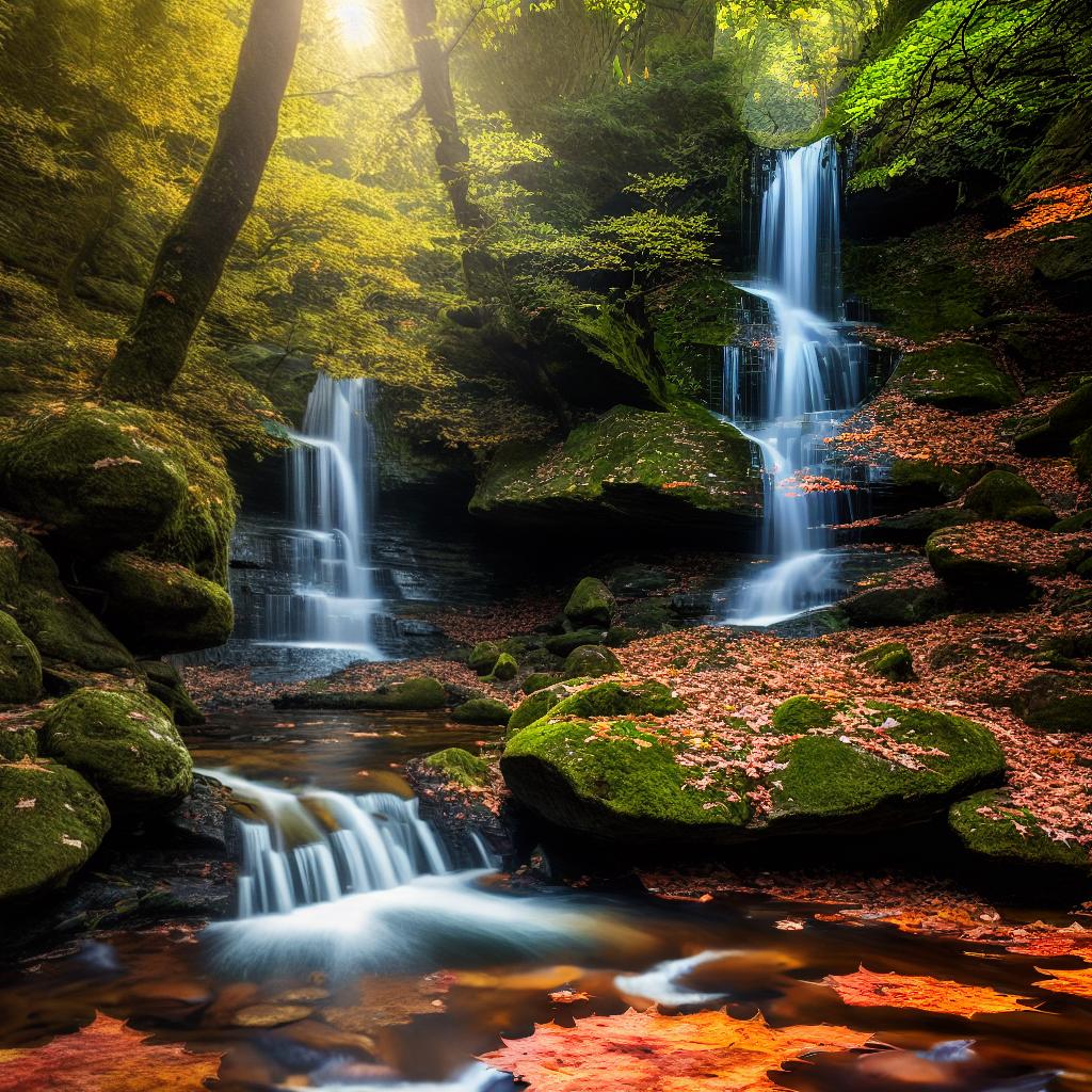  ((Masterpiece)),(((best quality))), 8k, high detailed, ultra-detailed. An enchanting forest scene during autumn, with (colorful leaves) falling from the trees. (A mystical waterfall) cascading down the rocks, surrounded by vibrant foliage. (A deer) gracefully stepping through the underbrush, blending with the earthy tones. (Sun rays) piercing through the canopy, creating a magical atmosphere. The scene is filled with warm hues and dappled lighting, evoking a sense of wonder and tranquility. hyperrealistic, full body, detailed clothing, highly detailed, cinematic lighting, stunningly beautiful, intricate, sharp focus, f/1. 8, 85mm, (centered image composition), (professionally color graded), ((bright soft diffused light)), volumetric fog, trending on instagram, trending on tumblr, HDR 4K, 8K
