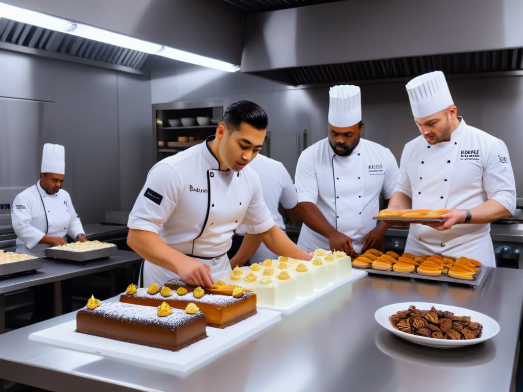  An ultradetailed 8k image of a serene kitchen scene, featuring a diverse group of chefs with varying disabilities passionately working together to create a beautiful array of pastries. Each chef is focused and engaged in their tasks, showcasing determination and teamwork. The minimalistic style highlights the essence of inclusivity and empowerment in the culinary world, with subtle details like hands shaping dough, measuring ingredients, and decorating desserts with precision and care. The overall atmosphere exudes creativity, resilience, and the joy of creating delicious treats despite challenges. hyperrealistic, full body, detailed clothing, highly detailed, cinematic lighting, stunningly beautiful, intricate, sharp focus, f/1. 8, 85mm, (centered image composition), (professionally color graded), ((bright soft diffused light)), volumetric fog, trending on instagram, trending on tumblr, HDR 4K, 8K