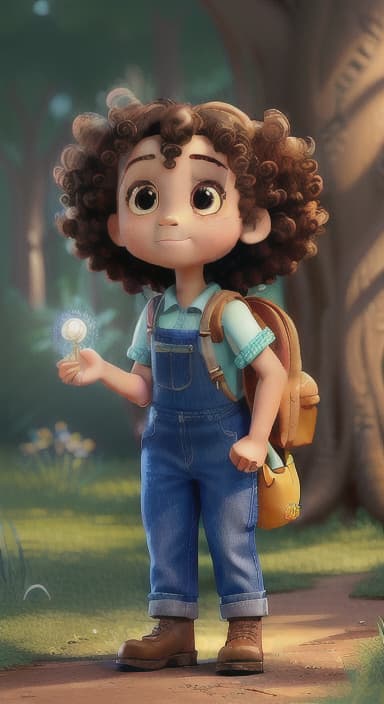  {The tree shining brightly and releasing a gentle, magical light., Riley, a curious with big brown eyes and curly hair, wearing overalls and carrying a small backpack. Their friend, Skye, a bluebird with shiny feathers.