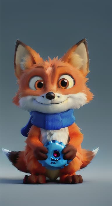  {Error the fox pressing the blue button with his paw, looking puzzled as nothing occurs., Error is a small, bright orange fox with a fluffy tail and big, inquisitive eyes. He has a mischievous yet kind expression and wears a tiny green scarf.