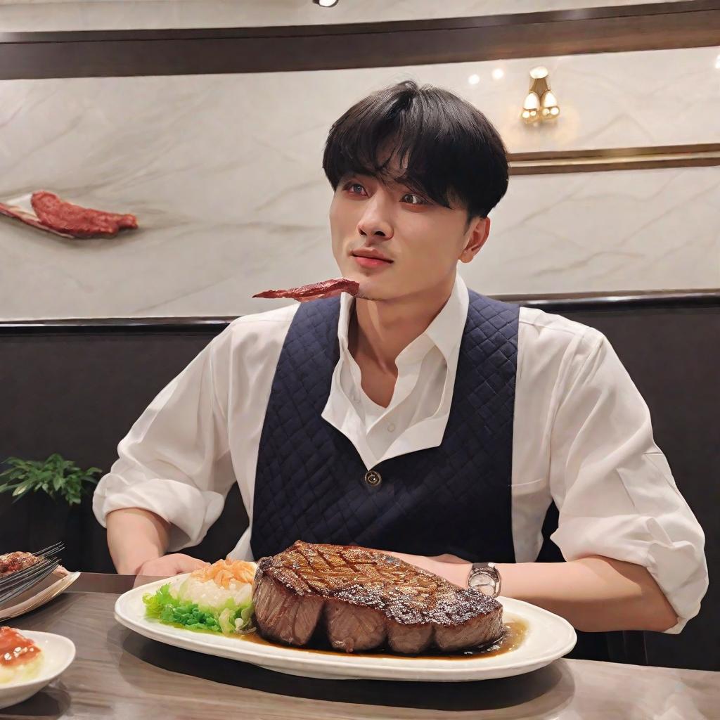  Masterpiece, best quality, Lin Junjie eats steak