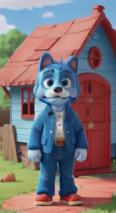  {Max the big blue dog standing in front of a cozy little house with a red door, The big blue dog is large with sky blue fur, big round eyes, a black nose, and floppy ears.