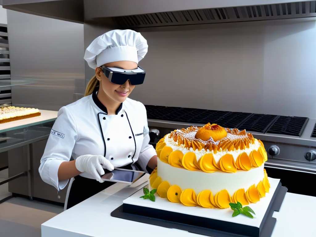  A minimalist yet highly detailed image of a professional pastry chef in a modern kitchen, using augmented reality glasses to enhance their baking skills. The chef is meticulously decorating an elaborate cake with virtual elements floating around, showcasing the seamless integration of augmented reality technology into the world of pastry arts. The kitchen is sleek and contemporary, with hightech gadgets subtly incorporated into the design, emphasizing the fusion of traditional baking techniques with cuttingedge innovation. hyperrealistic, full body, detailed clothing, highly detailed, cinematic lighting, stunningly beautiful, intricate, sharp focus, f/1. 8, 85mm, (centered image composition), (professionally color graded), ((bright soft diffused light)), volumetric fog, trending on instagram, trending on tumblr, HDR 4K, 8K