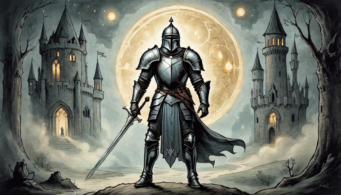  on parchment, surrealism+++, A knight in armor holding a glowing orb aloft, guiding a path through darkness, leadership, protection(mysterious, provocative, symbolic,muted color)+++