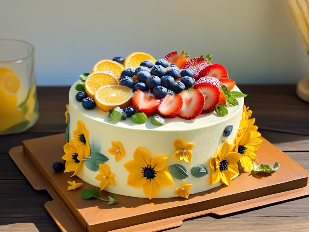  A photorealistic image of a beautifully decorated vegan organic cake, featuring intricate floral designs made with dairyfree cream and vibrant, natural food coloring. The cake is displayed on a rustic wooden table, surrounded by fresh fruits and edible flowers, exuding an elegant and appetizing aesthetic that captures the essence of modern vegan baking trends. hyperrealistic, full body, detailed clothing, highly detailed, cinematic lighting, stunningly beautiful, intricate, sharp focus, f/1. 8, 85mm, (centered image composition), (professionally color graded), ((bright soft diffused light)), volumetric fog, trending on instagram, trending on tumblr, HDR 4K, 8K