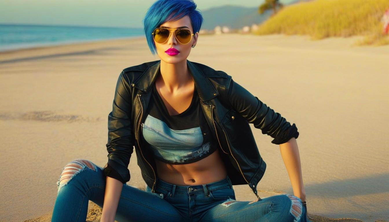  Girl. Short blue hair. yellow aviator sunglasses. pink lips. black t shirt. old shabby jeans. sitting on the beach. on the sand. sunset. ocean..full body.neon. evening..cinematic.Ultra realistic. 3D . Epic. high detail. perfect lighting. perfect contrast. perfect composition hyperrealistic, full body, detailed clothing, highly detailed, cinematic lighting, stunningly beautiful, intricate, sharp focus, f/1. 8, 85mm, (centered image composition), (professionally color graded), ((bright soft diffused light)), volumetric fog, trending on instagram, trending on tumblr, HDR 4K, 8K