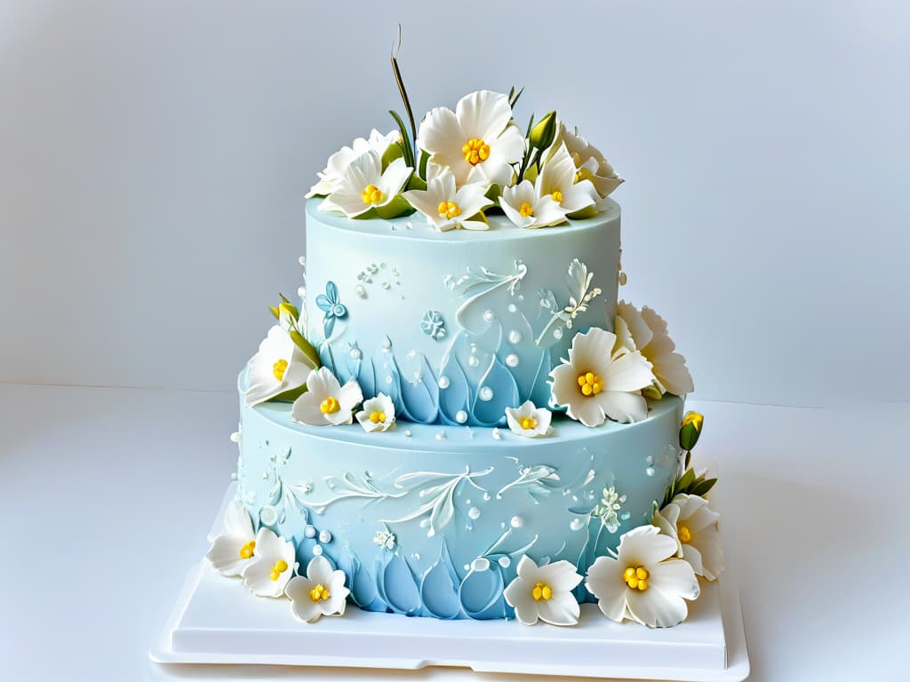  A closeup, ultradetailed image of a perfectly frosted and meticulously decorated multitiered cake, showcasing intricate piping work, delicate sugar flowers, and shimmering edible pearls under soft, natural lighting. The cake sits on a sleek, modern cake stand with a clean, white background, emphasizing the precision and artistry required in pastry competitions. hyperrealistic, full body, detailed clothing, highly detailed, cinematic lighting, stunningly beautiful, intricate, sharp focus, f/1. 8, 85mm, (centered image composition), (professionally color graded), ((bright soft diffused light)), volumetric fog, trending on instagram, trending on tumblr, HDR 4K, 8K