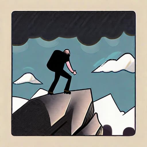  Muscular, bearded pharmacologist Armin, with a long mustache, in a tight black t shirt and jeans, straining to push a massive boulder up a steep, rocky hill. Sisyphus style tragedy under dark, stormy clouds and a mountainous backdrop, conveying a depressing, sad