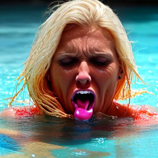  tanned blonde woman drowning and sinking in the water the water is up to her nose she's screaming and panic