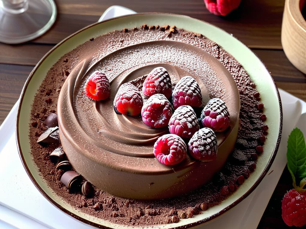  An intricately detailed closeup image of a decadent paleo chocolate avocado mousse, garnished with fresh raspberries and a dusting of cacao powder, all arranged beautifully on a white porcelain dessert plate. The rich, creamy texture of the mousse is evident, with light reflecting off its silky surface, showcasing the fine details of each raspberry and the delicate sprinkle of cacao powder. The image captures the essence of indulgence and healthfulness, appealing to the viewer's senses with its vibrant colors and inviting presentation. hyperrealistic, full body, detailed clothing, highly detailed, cinematic lighting, stunningly beautiful, intricate, sharp focus, f/1. 8, 85mm, (centered image composition), (professionally color graded), ((bright soft diffused light)), volumetric fog, trending on instagram, trending on tumblr, HDR 4K, 8K