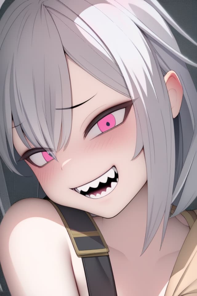  ultra detailed:1.2,masterpiece:1.2,best quality,masterpiece,bestquality,hdr:1.1,8k:1.1,very cute girl:1.3,devil girl:1.3,megane:1.4,evil grin:1.3,open mouth:1.3,jagged teeth:1.8,tooth ,The shoulder straps are misaligned,head tilt:1.4,Almost undressed:1.2,sitting indian style:1.4,tsurime:1.3,bad mood:1.5,face close up:1.4,face focus:1.4