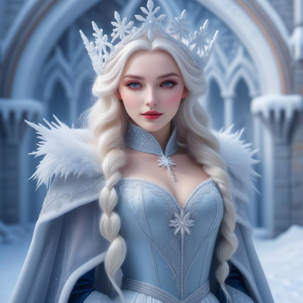  Tender Snow Queen Girl in a snowy luminous castle.Realism hyperrealistic, full body, detailed clothing, highly detailed, cinematic lighting, stunningly beautiful, intricate, sharp focus, f/1. 8, 85mm, (centered image composition), (professionally color graded), ((bright soft diffused light)), volumetric fog, trending on instagram, trending on tumblr, HDR 4K, 8K