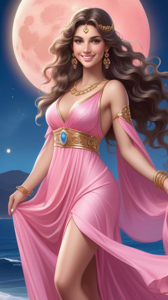 1girl, ((greek goddess of beauty)), (((fantasy))), blue moon, looking hot, (wearing beautiful pink dress), fairer skin, long hair, wavy hair, smile, smile,, natural, jewelry, extremely detailed 8K wallpaper, straight-on, standing, best quality, very detailed, high resolution, sharp, sharp image, extremely detailed, 4k, 8k