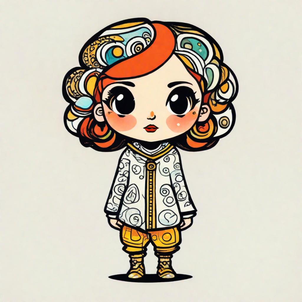  1 girl, tiny, chibi, colored,  inked retro comic, pop surrealism, white background, ((solo, centered)), full body, dynamic pose, perfectly hand drawn by Gustav Klimt,