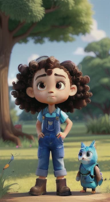  {Riley standing under the tree with eyes closed, making the wish., Riley, a curious with big brown eyes and curly hair, wearing overalls and carrying a small backpack. Their friend, Skye, a bluebird with shiny feathers.