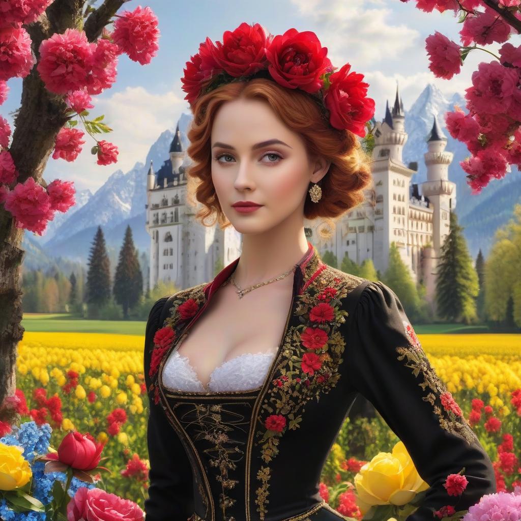  Neuschwanstein. ((Sparkling rim)): spring field, hyacinths, roses, rosehips, rose hips, peonies, cherry tree, yellow, red, black flowers, forget me nots. hyperrealistic, full body, detailed clothing, highly detailed, cinematic lighting, stunningly beautiful, intricate, sharp focus, f/1. 8, 85mm, (centered image composition), (professionally color graded), ((bright soft diffused light)), volumetric fog, trending on instagram, trending on tumblr, HDR 4K, 8K