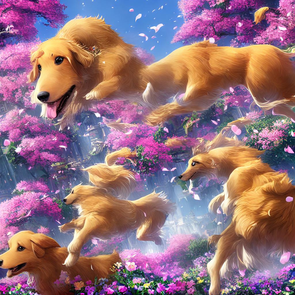  A dog, ((golden retriever)), soaring through a vibrant garden bursting with an abundance of pink and purple blossoms, creating a whimsical masterpiece. The flowers are meticulously detailed, with each petal and leaf rendered in the best quality, ultra-detailed fashion. The garden is alive with vibrant colors, as the dog gracefully navigates through the air. The scene is captured in breathtaking 8K resolution, allowing for a truly immersive experience. hyperrealistic, full body, detailed clothing, highly detailed, cinematic lighting, stunningly beautiful, intricate, sharp focus, f/1. 8, 85mm, (centered image composition), (professionally color graded), ((bright soft diffused light)), volumetric fog, trending on instagram, trending on tumblr, HDR 4K, 8K
