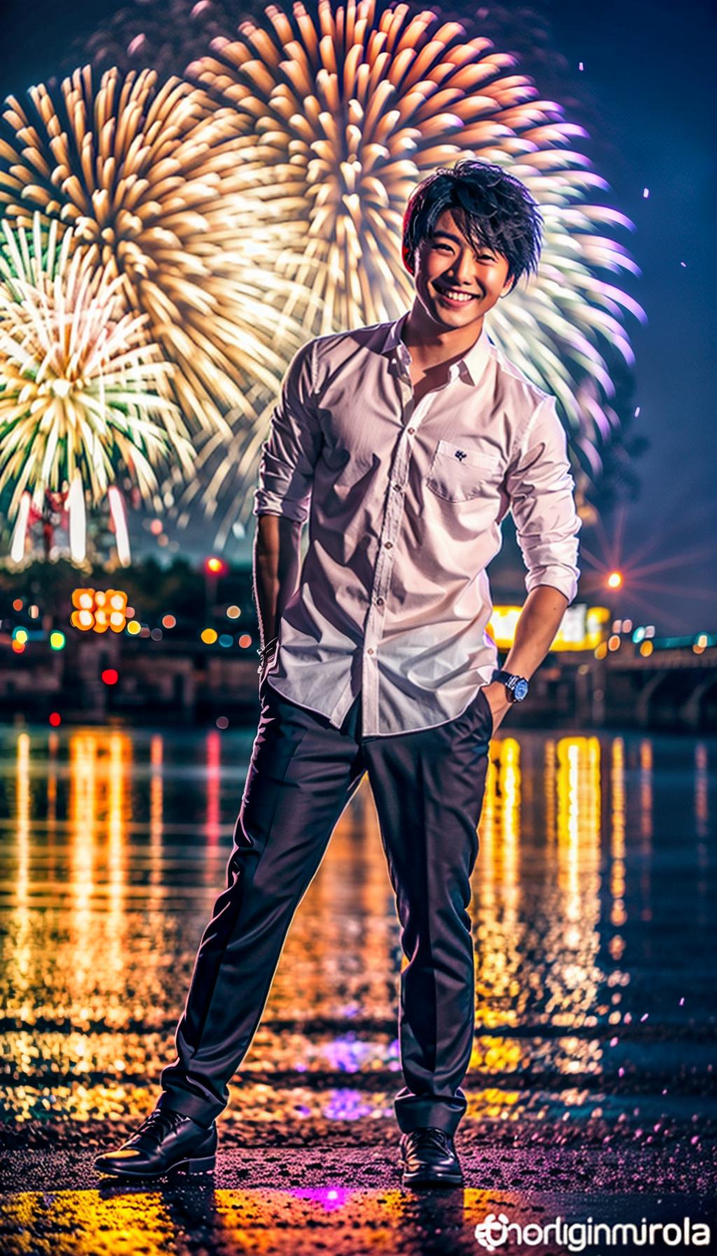  Photorealistic, a Japanese boy, young, smiling, fireworks on background, night, summer, hyperrealistic, full body, detailed clothing, highly detailed, cinematic lighting, stunningly beautiful, intricate, sharp focus, f/1. 8, 85mm, (centered image composition), (professionally color graded), ((bright soft diffused light)), volumetric fog, trending on instagram, trending on tumblr, HDR 4K, 8K