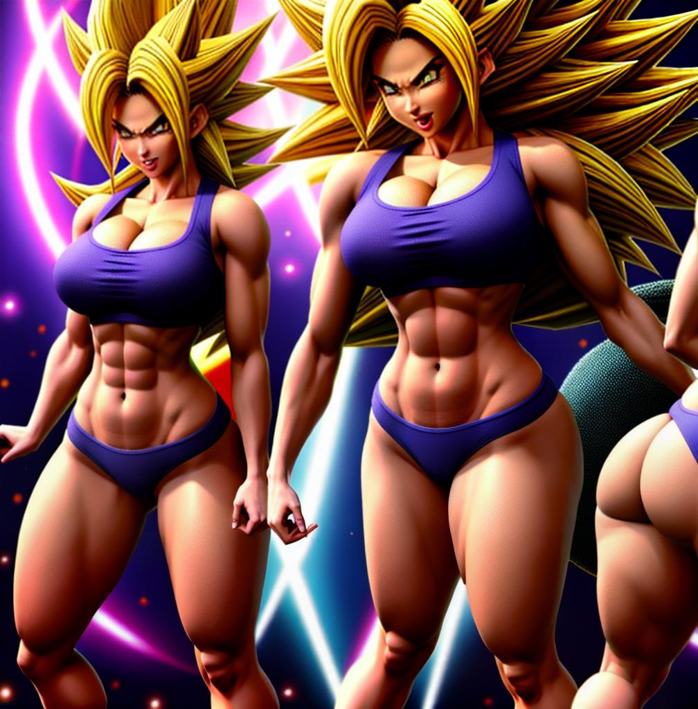  ((foto de cuerpo completo, pie plano, cuerpo recto)), ((laura {Super Super Saiyan mujer con grandes pechos})), ((lleva puesto son goku+Los disfraces de ella son extremadamente ajustados a su cuerpo.))