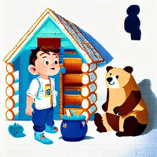  1boy, white shirt, blue jeans, in the cabin, a bear standing , vivid color, bright light