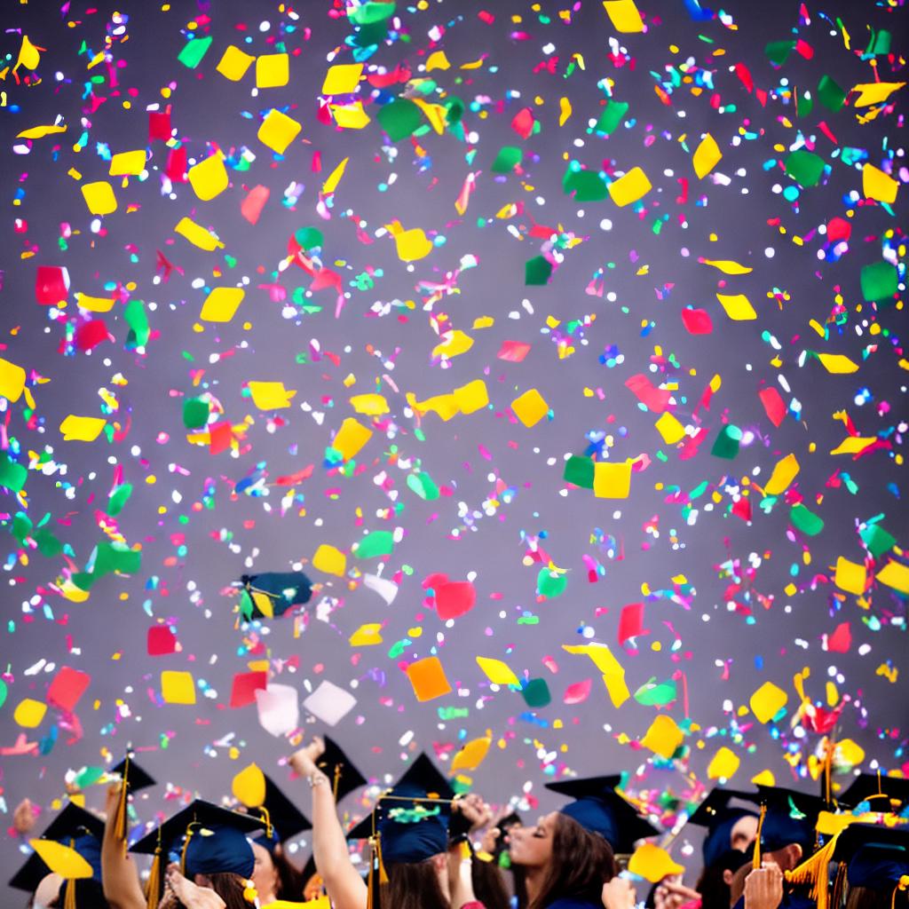  A successful girl celebrating her master degree exam results, capturing the moment of joy and achievement. The scene depicts a vibrant atmosphere with confetti falling from above, ((bright and colorful)). The girl, ((wearing a graduation gown)), is ((throwing her cap in the air)) with a wide smile on her face. Surrounding her are cheering friends and family members, ((clapping and hugging her)), expressing their pride and excitement. The background showcases a ((decorated graduation stage)) with a large banner displaying the words 'Congratulations Graduate!' The lighting is ((bright and celebratory)) with spotlights illuminating the girl and confetti in a dazzling way. This masterpiece will be created with the best quality, in 8k resolution hyperrealistic, full body, detailed clothing, highly detailed, cinematic lighting, stunningly beautiful, intricate, sharp focus, f/1. 8, 85mm, (centered image composition), (professionally color graded), ((bright soft diffused light)), volumetric fog, trending on instagram, trending on tumblr, HDR 4K, 8K