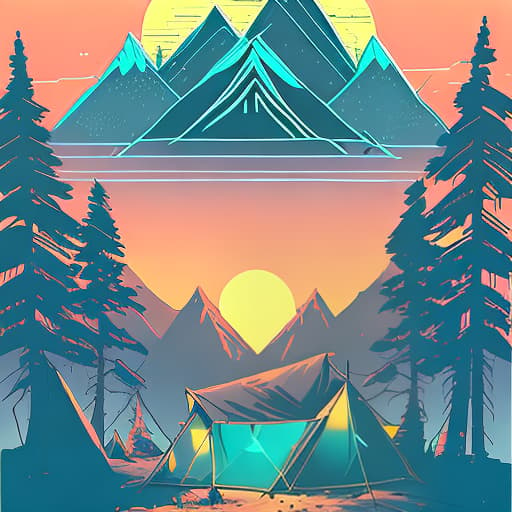 nvinkpunk Whimsical mountains with trees, camping tent and fire