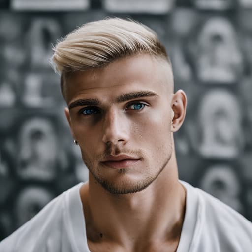 portrait+ style Russian queer fitness model blonde hunk dude face