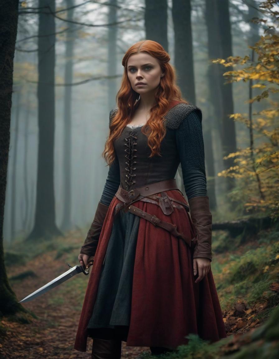  cinematic film still The era of medieval wars, a frame from a film, the most detailed image, cloudy and foggy autumn morning, rain, Chloe Grace Moretz with long light red hair, in a dark forest robber costume, holding a hunting knife in her right hand, with a combat dynamic expressive pose, prepared for battle, forest, maximum detail, especially carefully drawn faces, the maximum correspondence of historical medieval clothes, small details, the most correct anatomy, . shallow depth of field, vignette, highly detailed, high budget, bokeh, cinemascope, moody, epic, gorgeous, film grain, grainy hyperrealistic, full body, detailed clothing, highly detailed, cinematic lighting, stunningly beautiful, intricate, sharp focus, f/1. 8, 85mm, (centered image composition), (professionally color graded), ((bright soft diffused light)), volumetric fog, trending on instagram, trending on tumblr, HDR 4K, 8K