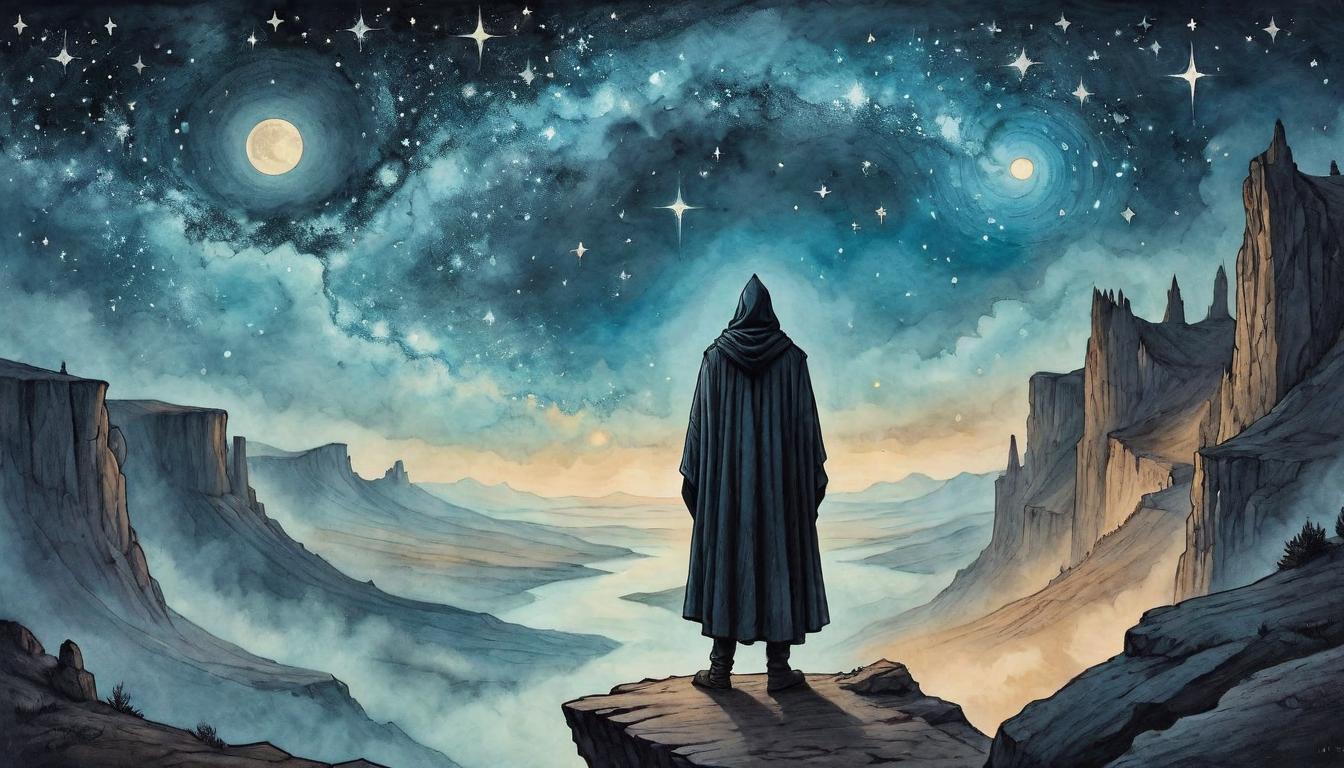  on parchment, surrealism+++, A hooded figure standing at the edge of a cliff, looking over a vast, starry expanse, shifting hues of the stars indicating a change in reality, contemplative mood, transcendence(mysterious, provocative, symbolic,muted color)+++