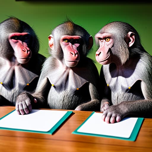  Three adult baboons sitting at a desk