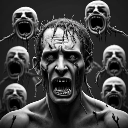  pencil sketch of a depressed man screaming with 8 little heads coming from out of his head and they are screaming as well. gothic, very dark. highly detailed and 8K.