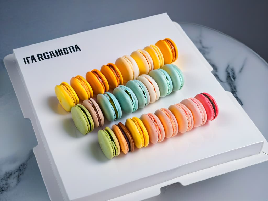  An intricately designed, minimalistic image featuring an array of colorful macarons arranged in a symmetrical pattern on a sleek, marble tabletop. Each macaron is perfectly shaped, with a smooth, glossy surface reflecting the soft ambient lighting in the room. The pastel hues of the macarons create a visually striking contrast against the cool, white marble, exuding an air of elegance and sophistication. hyperrealistic, full body, detailed clothing, highly detailed, cinematic lighting, stunningly beautiful, intricate, sharp focus, f/1. 8, 85mm, (centered image composition), (professionally color graded), ((bright soft diffused light)), volumetric fog, trending on instagram, trending on tumblr, HDR 4K, 8K