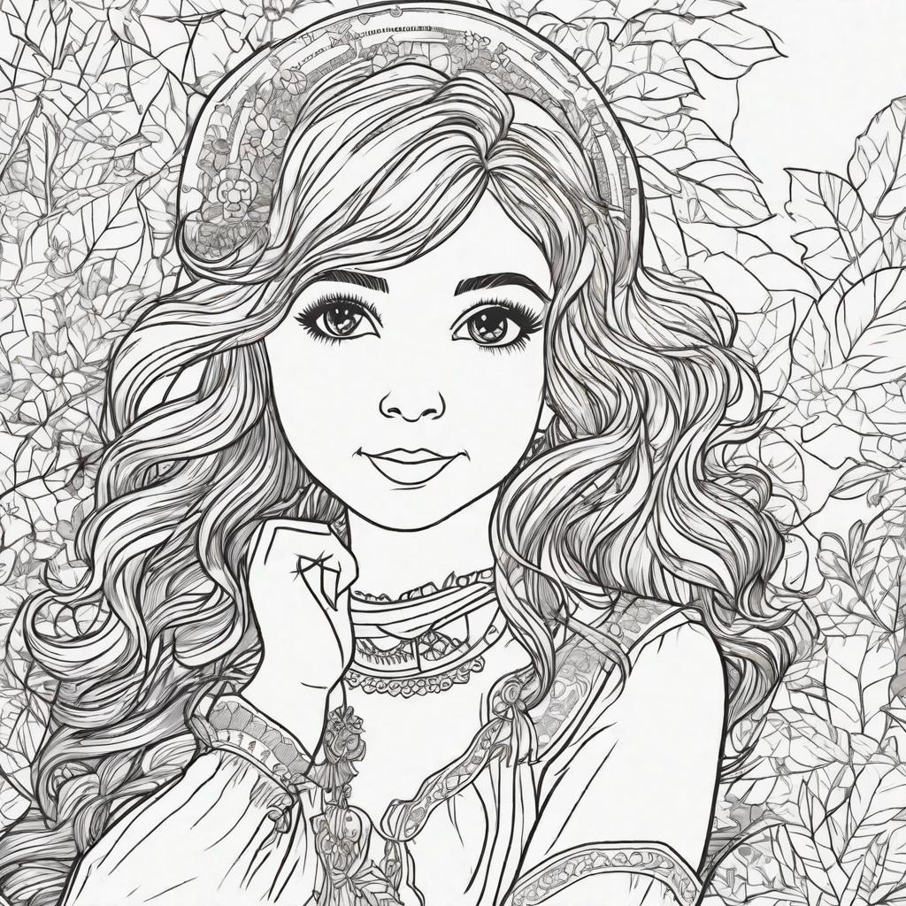  in a coloring book style, A girl with opened hair, a giving a cheerful smile with beautiful eyes and face expression.