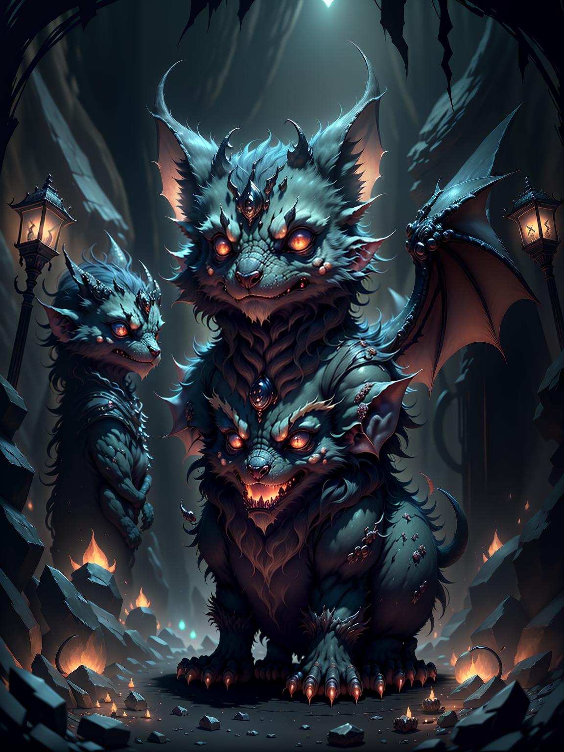  master piece, best quality, ultra detailed, highres, 4k.8k, Cerberus, Guarding the Gates of the Underworld, Alert, Vigilant, Fierce, BREAK Guardian of the Underworld, Entrance to the Underworld, Gates, Chains, Torches, Hades' throne, BREAK Eerie, Foreboding, Mysterious, Glowing eyes, Flickering torchlight, Shadows playing, creature00d,Cu73Cre4ture