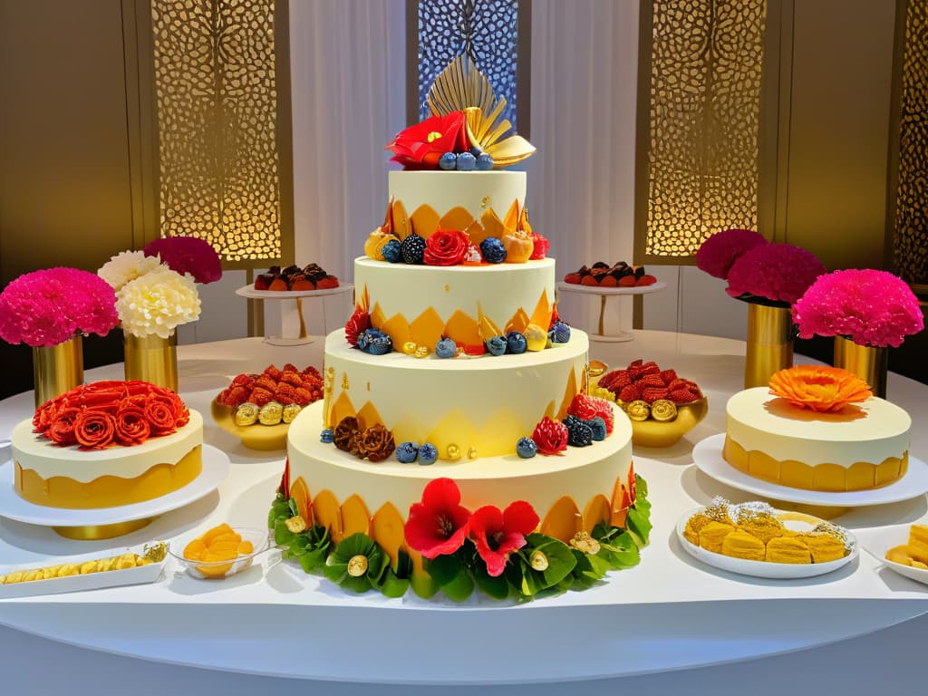  A photorealistic image showcasing a luxurious dessert table filled with an array of intricate gourmet pastries and cakes. The table is elegantly decorated with vibrant flowers, gold accents, and elegant tableware, creating a visually stunning display of the latest trends in gourmet pastry for 2023. Each dessert is meticulously crafted, featuring a variety of flavors, colors, and textures that are sure to captivate the audience and inspire culinary creativity. hyperrealistic, full body, detailed clothing, highly detailed, cinematic lighting, stunningly beautiful, intricate, sharp focus, f/1. 8, 85mm, (centered image composition), (professionally color graded), ((bright soft diffused light)), volumetric fog, trending on instagram, trending on tumblr, HDR 4K, 8K