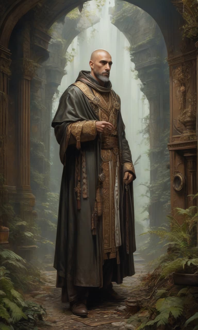  In the style of Jean Baptiste Monge, full length view,A closed portrait of a Victorian monk painting in a picturesque mysterious environment of intricate, elegant, highly detailed, centered, digital painting, artstation, concept art, smooth, sharp focus, illustration, artherm, tomash alen coper, Peter Mohrbacher, Donato Gyancola, Joseph Christian Leyendecker, Wop Leyendecker, Wop, wlop, wop, hyperrealistic, full body, detailed clothing, highly detailed, cinematic lighting, stunningly beautiful, intricate, sharp focus, f/1. 8, 85mm, (centered image composition), (professionally color graded), ((bright soft diffused light)), volumetric fog, trending on instagram, trending on tumblr, HDR 4K, 8K