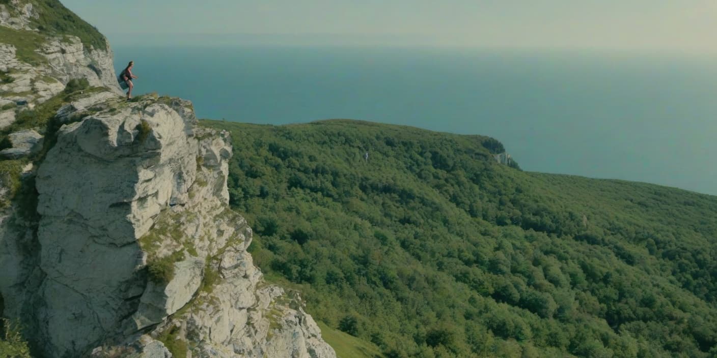  Overview. A girl is holding the edge of a cliff. [In German] Übersicht. Eine Mädchen hält am Rand eines Abhangs. [In French] Vue d'en haut. Une jeune fille tient la tranche d'un promontoire. [In Spanish] Visión de arriba. Una chica sostiene el borde de un acantilado. [In Italian] Vista dal sopra. Una ragazza tiene il bordo di un dirupo. [In Dutch] Bovenkant. Een meisje houdt de rand van een klif. [In Russian] Сверху. Девушка держит край обрыва. [In Chinese] 顶视角。女生抱着崖的边缘。 [In Japanese] 上 observation. 女の子は壁の HALE を抱っています。 [In Korean] 위로 보는 관점. 여성은 치적의 옆을 끼고 있습니다. hyperrealistic, full body, detailed clothing, highly detailed, cinematic lighting, stunningly beautiful, intricate, sharp focus, f/1. 8, 85mm, (centered image composition), (professionally color graded), ((bright soft diffused light)), volumetric fog, trending on instagram, trending on tumblr, HDR 4K, 8K