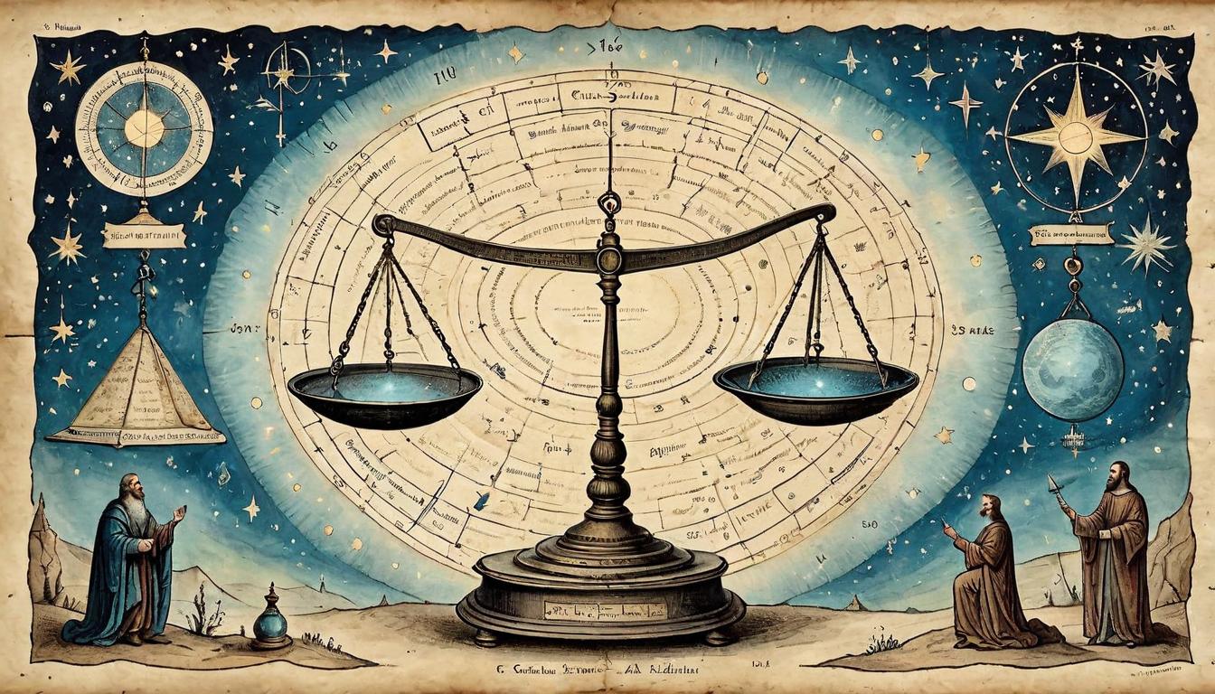  on parchment, surrealism+++, A celestial weighing scale, stars twinkling in the background, glowing aura surrounding the scale pans, inscriptions of constellations on the scales, harmonious, balanced(mysterious, provocative, symbolic,muted color)+++