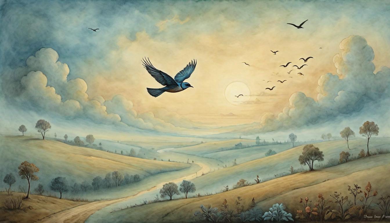  on parchment, surrealism+++, A solo bird flying across the vast sky at dawn, freedom, self sufficiency, the boundless(mysterious, provocative, symbolic,muted color)+++