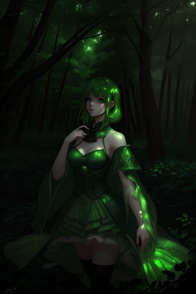  Forest, green light, fantasy, beautiful girl