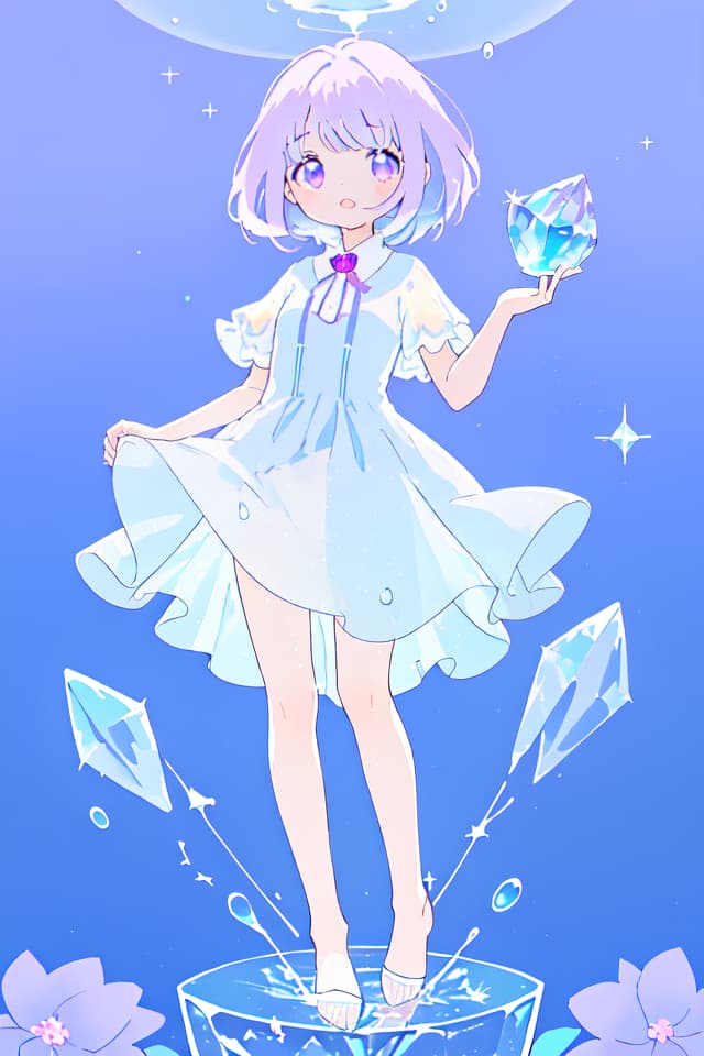  A cute girl stands on top of the crystal clear gl cup,surrounded by sparkling water droplets and purple flowers floating in a light blue background. The full body photo has soft lighting in the style of anime with dreamy colors,cute expressions,and delicate details. ar 3:4 niji 6