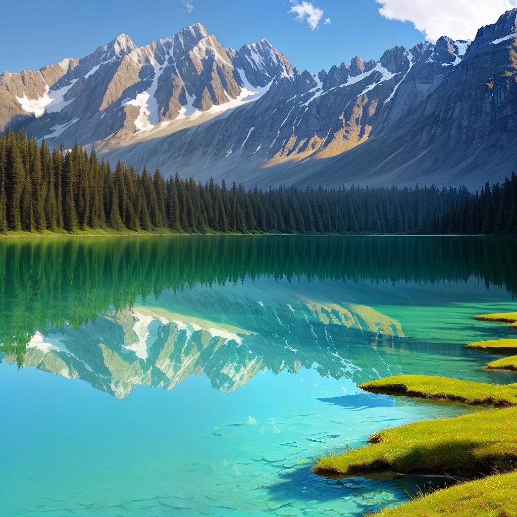  as a painting, Convey the serene majesty of towering mountains reflected in the crystal-clear waters of a tranquil alpine lake, using your unique artistic vision to evoke a sense of awe and tranquility.