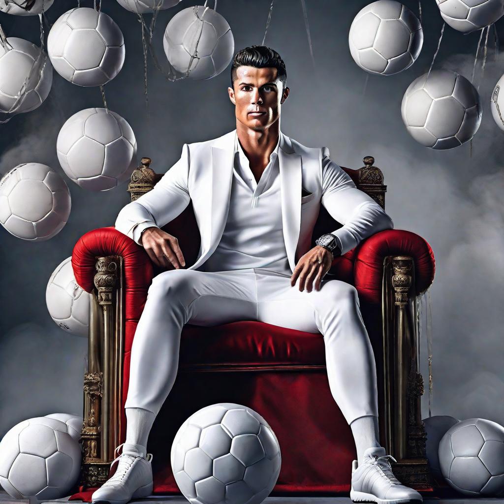  Cristiano Ronaldo on a throne and a crown surrounded by soccer balls hyperrealistic, full body, detailed clothing, highly detailed, cinematic lighting, stunningly beautiful, intricate, sharp focus, f/1. 8, 85mm, (centered image composition), (professionally color graded), ((bright soft diffused light)), volumetric fog, trending on instagram, trending on tumblr, HDR 4K, 8K