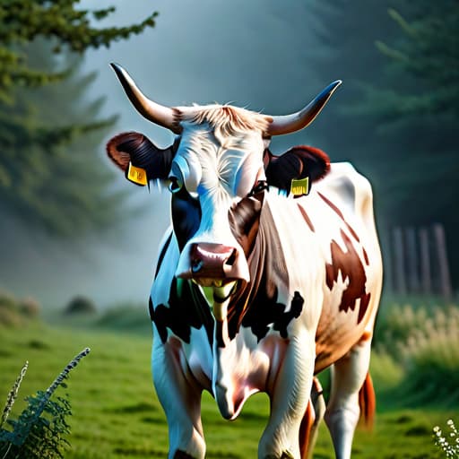  Cow hyperrealistic, full body, detailed clothing, highly detailed, cinematic lighting, stunningly beautiful, intricate, sharp focus, f/1. 8, 85mm, (centered image composition), (professionally color graded), ((bright soft diffused light)), volumetric fog, trending on instagram, trending on tumblr, HDR 4K, 8K