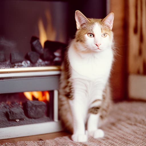 analog style "Old cat gazes toward the fireplace in a cabin."high quality