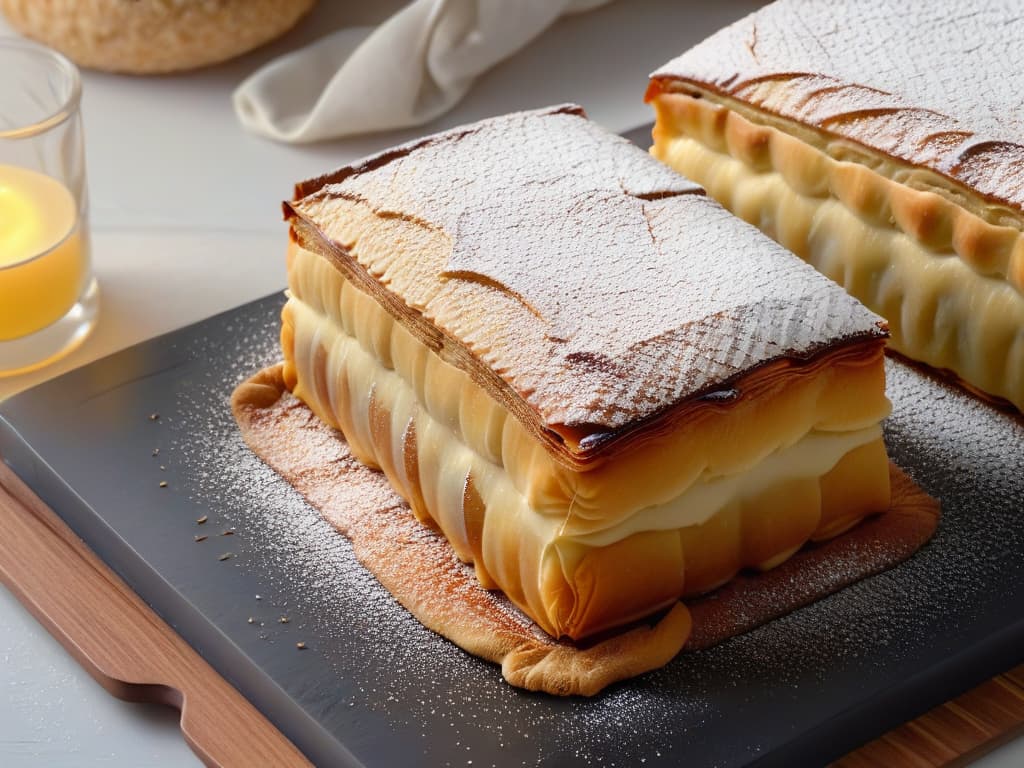  An ultradetailed closeup image of freshly baked Pasteles de Belem, showing the flaky layers of pastry, goldenbrown crust, and a light dusting of cinnamon and powdered sugar on top. The image should capture the textures and colors in such detail that viewers can almost smell the warm, sweet aroma emanating from the pastries. hyperrealistic, full body, detailed clothing, highly detailed, cinematic lighting, stunningly beautiful, intricate, sharp focus, f/1. 8, 85mm, (centered image composition), (professionally color graded), ((bright soft diffused light)), volumetric fog, trending on instagram, trending on tumblr, HDR 4K, 8K