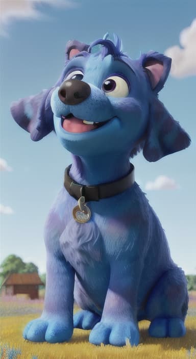  {A happy, big blue dog wagging its tail in a colorful meadow, The big blue dog is large with sky blue fur, big round eyes, a black nose, and floppy ears.